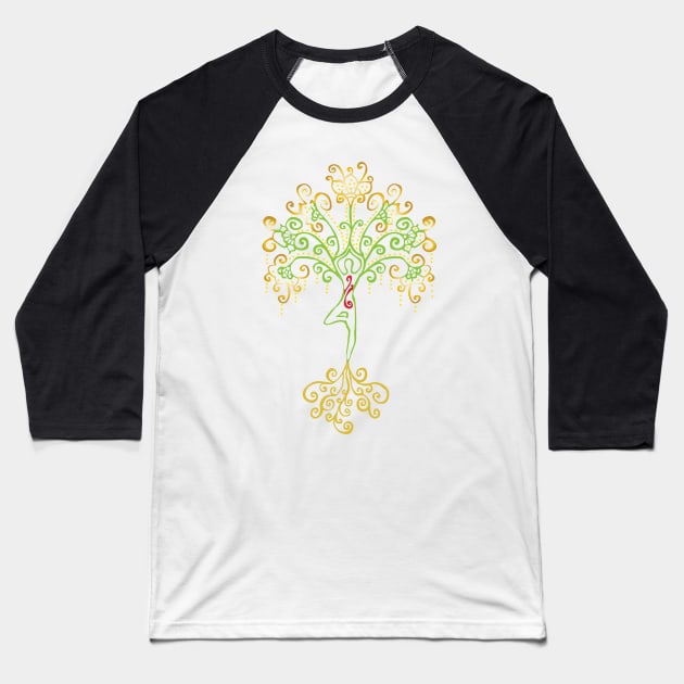 Gold Yoga Tree Pose Baseball T-Shirt by DezinerFiles